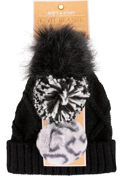 Soft n Cozy Knit Beanie by Simply Southern in black with 3 pom poms; available sizes not specified.