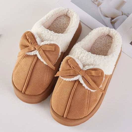 Fleece Lined Plush Bow House Slippers