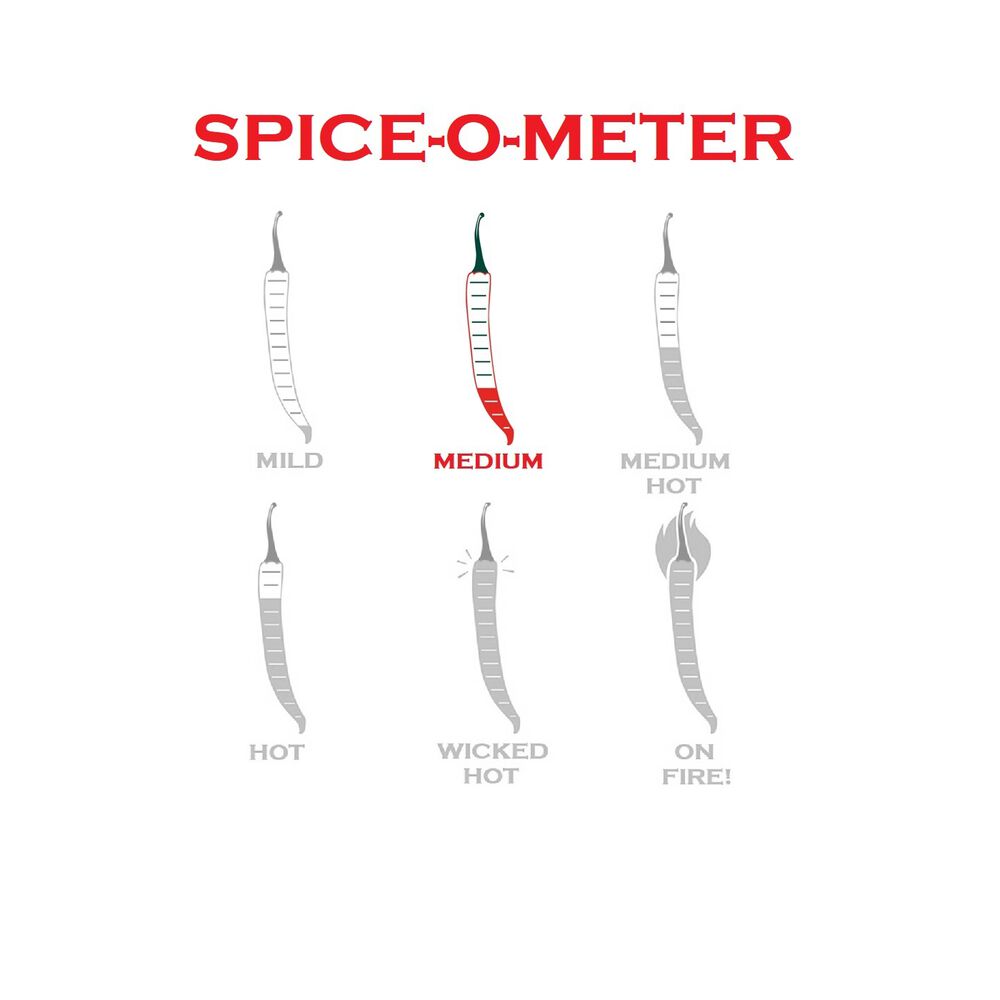 Street Corn Salsa, 15.75 oz; spice-o-meter with six peppers, "medium" pepper highlighted for ideal chip dip or salsa zest.