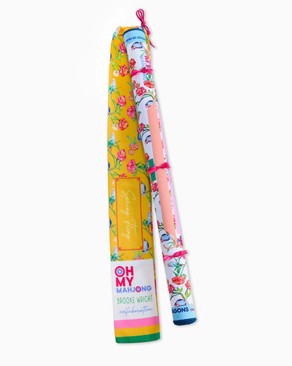 Spring Fling x Brooke Wright neoprene Mahjong mat with colorful floral design, yellow carrying case, branding. Available in all sizes.