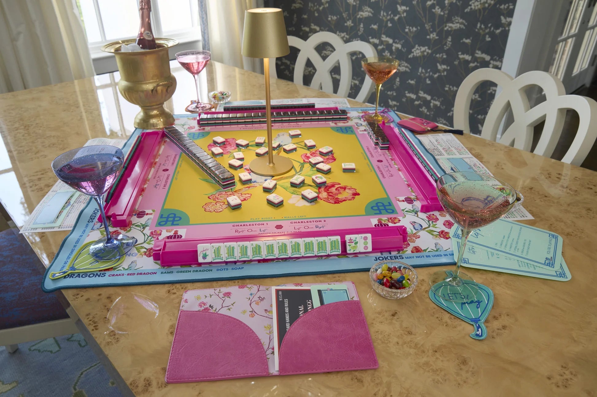 Spring Fling x Brooke Wright Mat with pink and yellow Mahjong set. Available in standard and large sizes.