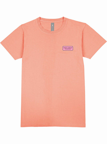 Peach "I'll Stop for Coffee" T-Shirt with short sleeves, purple logo on left chest. Available in sizes S-XL.