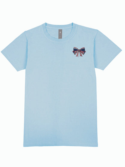 Light blue short-sleeve tee with red, white, and blue bow on left chest. Sizes: S-XXL.