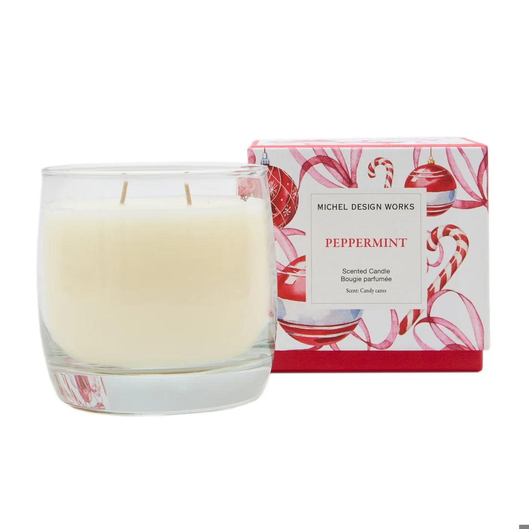 Peppermint Vigne candle in a clear glass container.