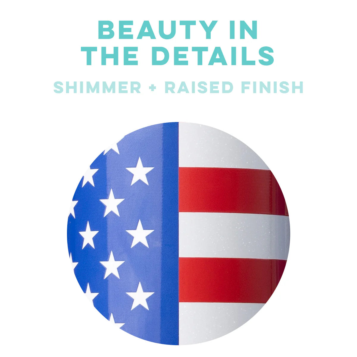 American flag design with shimmer and raised finish effect. Text: "BEAUTY IN THE DETAILS" in turquoise font, "SHIMMER + RAISED FINISH" below. Available in All American Mega Mug size with comfort-grip handle.