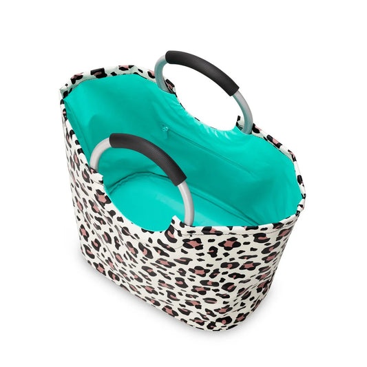 Luxy Leopard Loopi Tote Bag: Stylish pool bag with black, white, and pink leopard print. Silver handles with black grips. Open top, turquoise interior, zippered pocket. Available sizes: One Size Only.