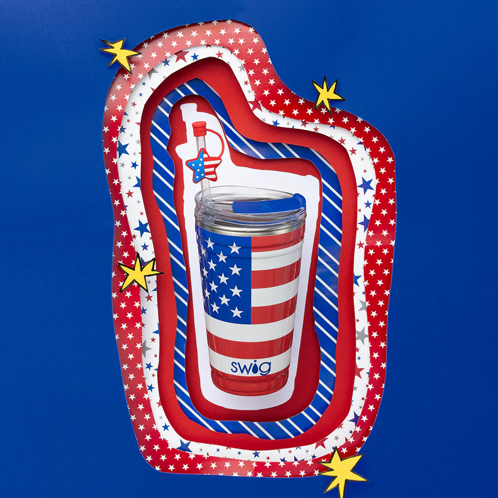 Patriotic travel tumbler with USA flag design and blue lid. Available sizes: 16 oz, 24 oz.