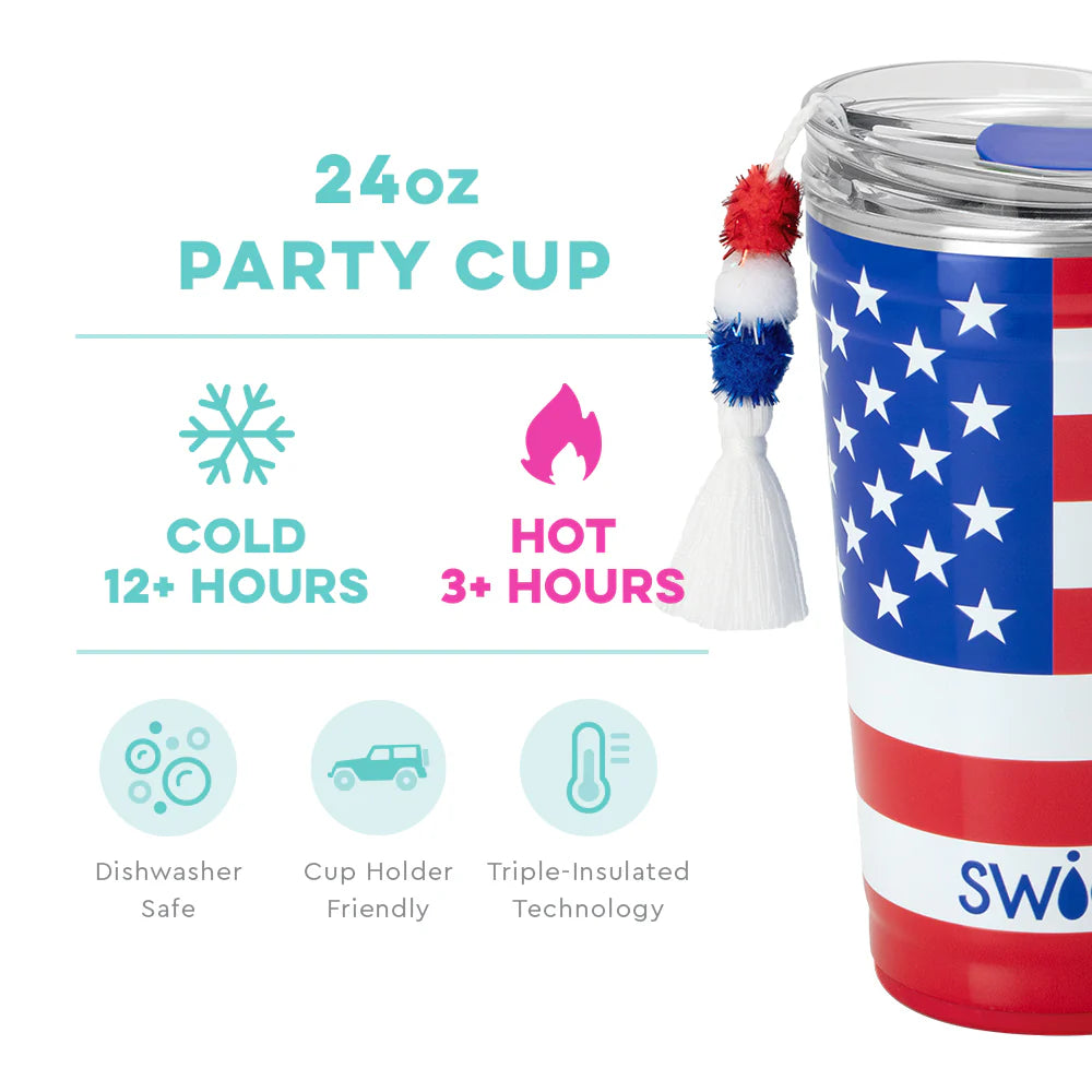 **24oz All American Party Cup**

- American flag design: red, white, and blue stripes with stars
- Tassel attached to lid
- Keeps cold for 12+ hours; hot for 3+ hours
- Dishwasher safe
- Cup holder friendly
- Triple-insulated technology
- Perfect July 4th accessory!