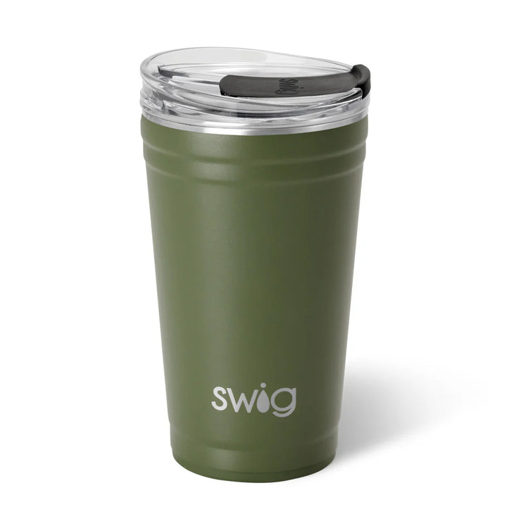 Green insulated Olive Party Cup with clear EZ Slider Lid, black closure, and "Swig" in white. Available in 22oz, 32oz sizes.