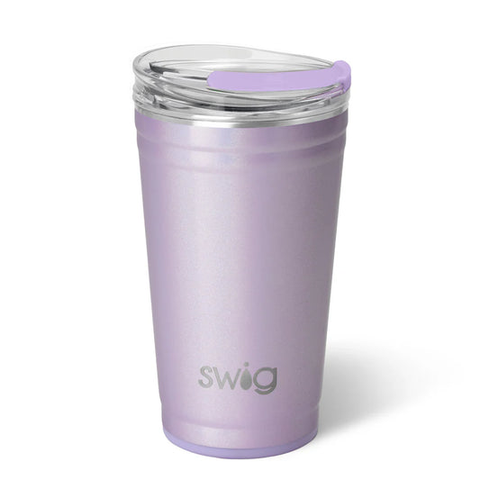 Pixie Party Cup: Lavender stainless steel body with iridescent purple shimmer, clear EZ Slider Lid with purple closure. Suitable for hot and cold beverages. Sizes available: 12oz, 20oz, 32oz.
