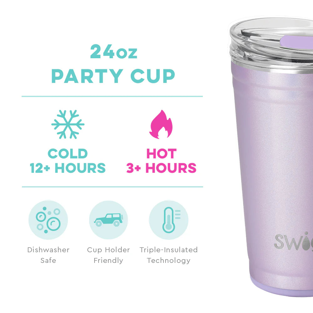 24oz Pixie Party Cup. Iridescent purple shimmer with EZ Slider Lid. Keeps drinks cold for 12+ hours, hot for 3+ hours. Dishwasher safe, cup holder friendly, triple-insulated technology.