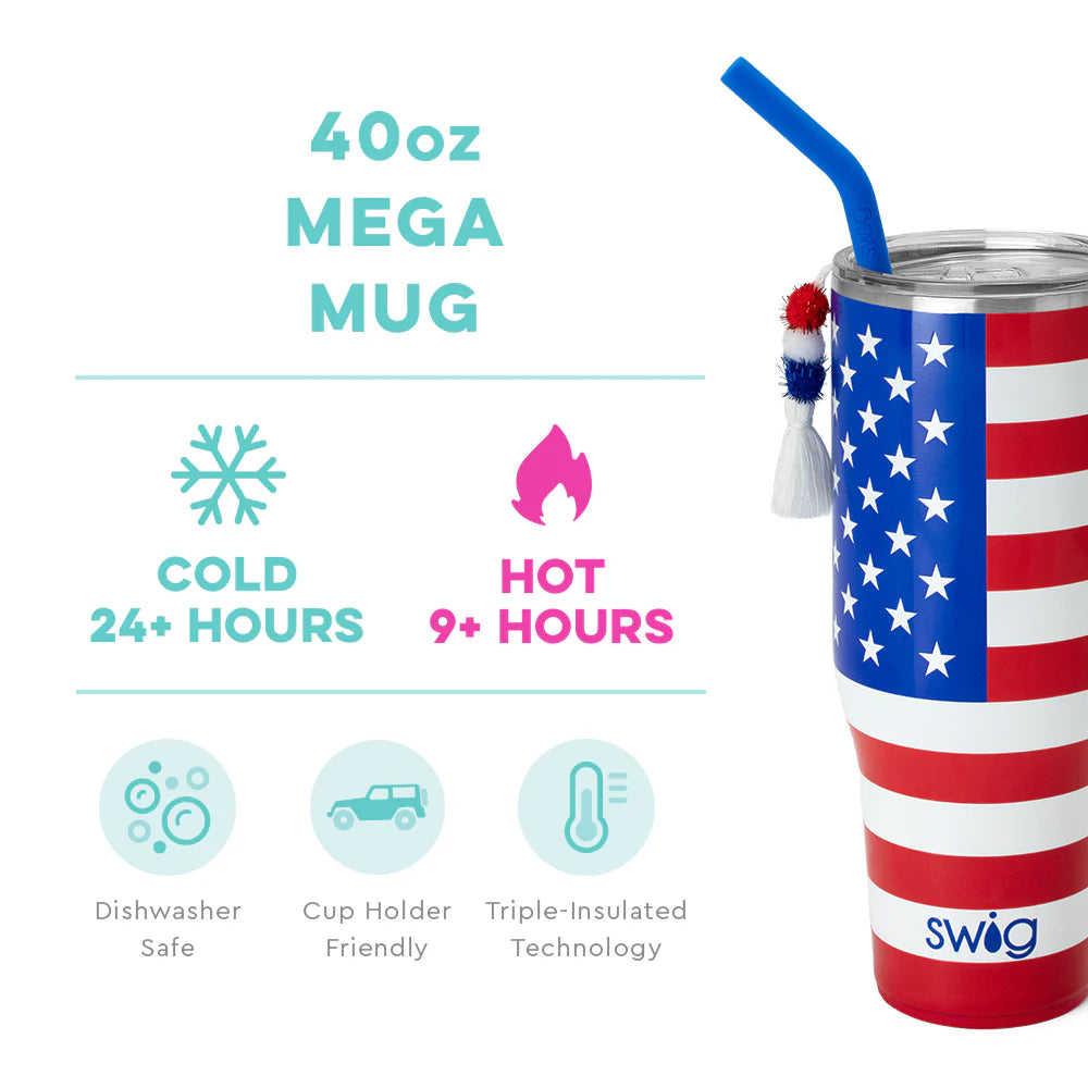 The All American Mega Mug features a patriotic stars and stripes American flag design with a blue straw, tassel accessory, and comfort-grip handle. Holds 40 oz. Keeps drinks cold for 24+ hours or hot for 9+ hours. Dishwasher safe and cup holder friendly. Triple-insulated. Available in size: 40 oz.