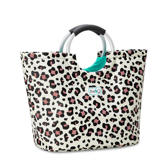 **Stylish Luxy Leopard Loopi Tote Bag**

- **Pattern:** Leopard print in black and pink on a white background
- **Handles:** Round, silver with black grips
- **Branding:** "Swig Life" displayed on a small, white rectangular patch with teal accents near the top
- **Size:** One Size (ideal for use as a pool bag)