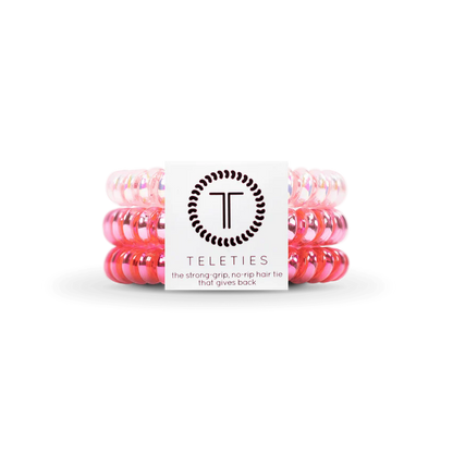Set of three pink TELETIES hair ties. Sizes available: Small, Large.