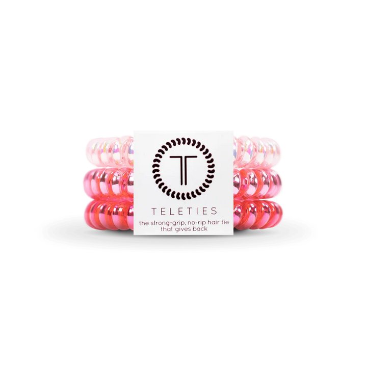 Set of three pink TELETIES hair ties. Sizes available: Small, Large.
