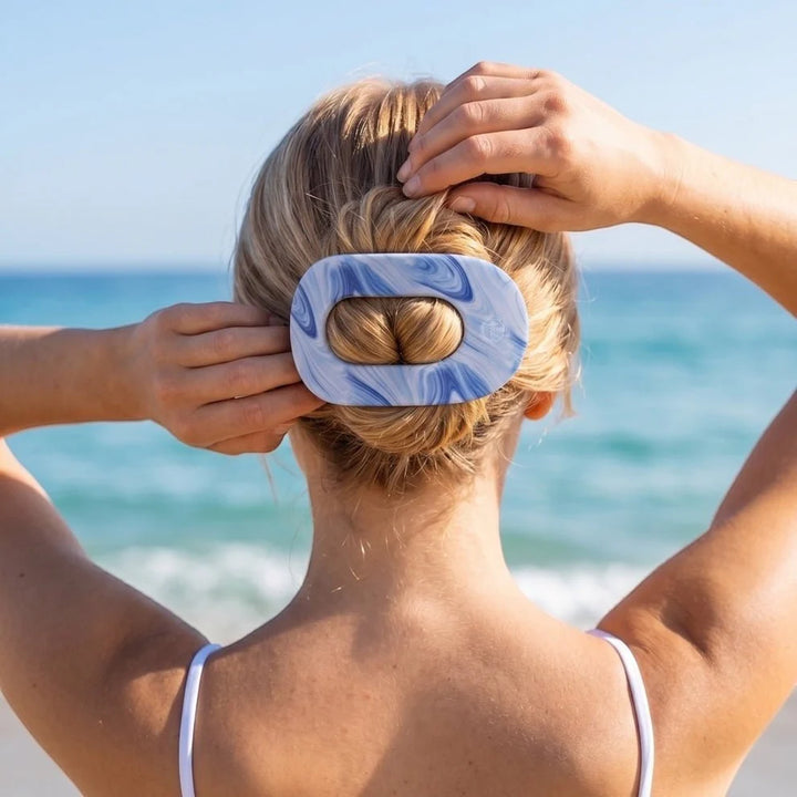 Flat Round Hair Clip | Summer Tie Dye Edition in blue and white. Available in small, medium, and large sizes.