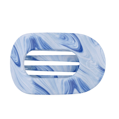 Blue and white tie-dye oval hair clip with 3 horizontal slots; available in small, medium, and large sizes.