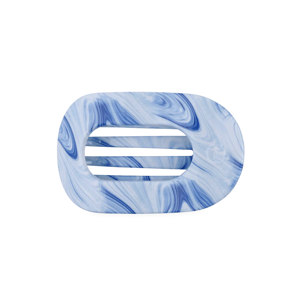 Flat Round Hair Clip, Summer Tie Dye Edition, vibrant blue and white marbled pattern. Available in small and large sizes.