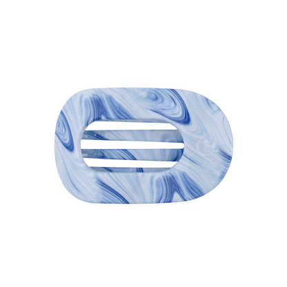 Flat Round Hair Clip, Summer Tie Dye Edition, vibrant blue and white marbled pattern. Available in small and large sizes.