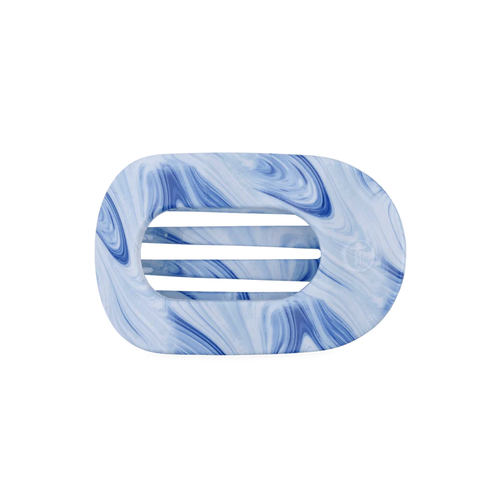 Flat Round Hair Clip, Summer Tie Dye Edition, vibrant blue and white marbled pattern. Available in small and large sizes.