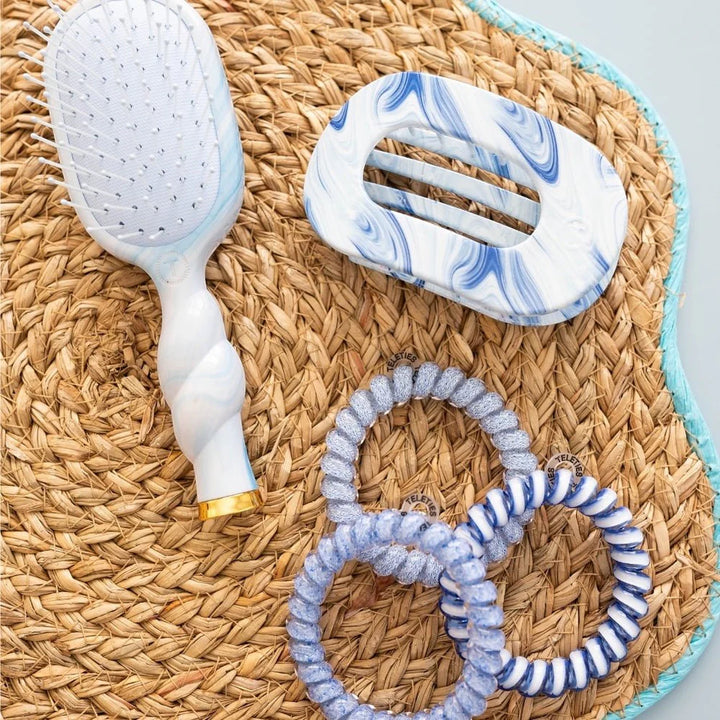 Flat Round Hair Clip | Summer Tie Dye Edition in blue and white, available in small and large sizes.