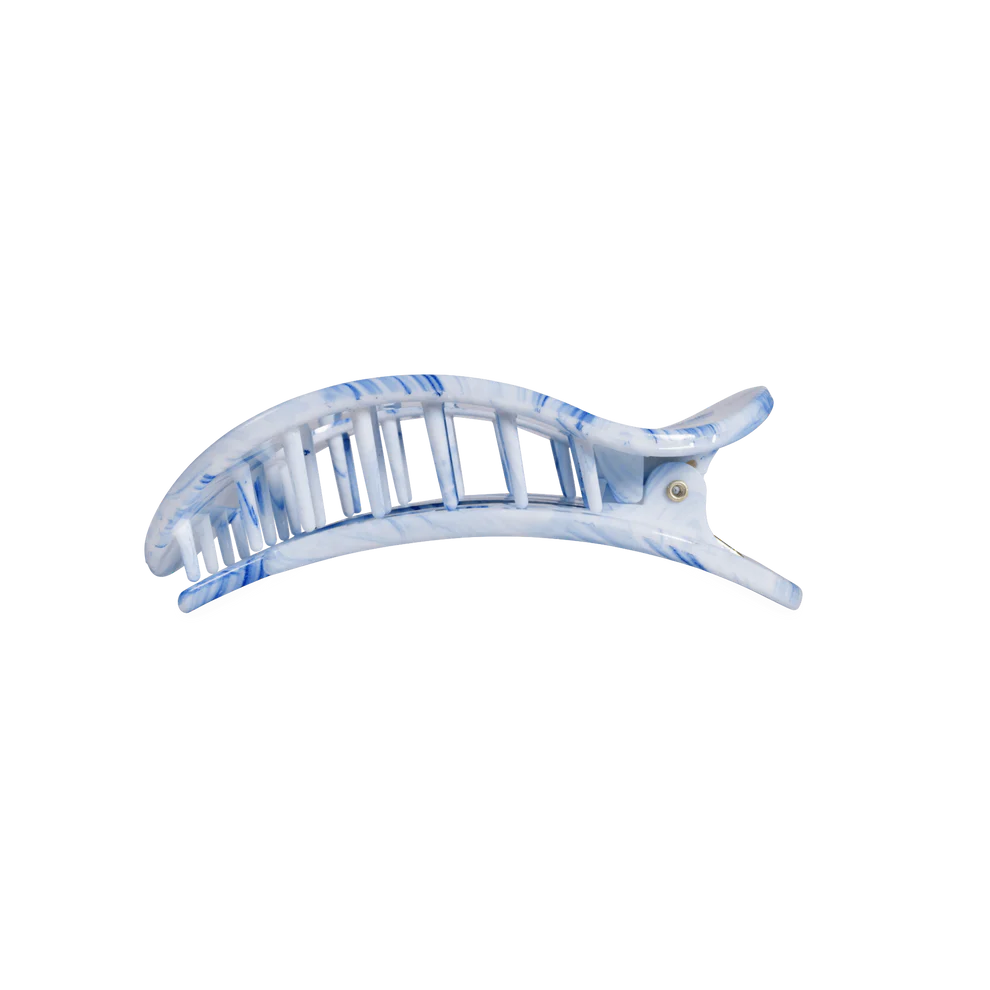 Blue and white marbled flat round hair clip, durable plastic, curved vented design, bendable teeth. Available in S/M/L.