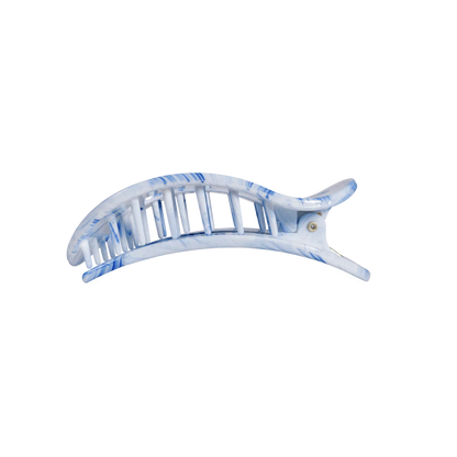 Blue and white marbled flat round hair clip, durable plastic, curved vented design, bendable teeth. Available in S/M/L.