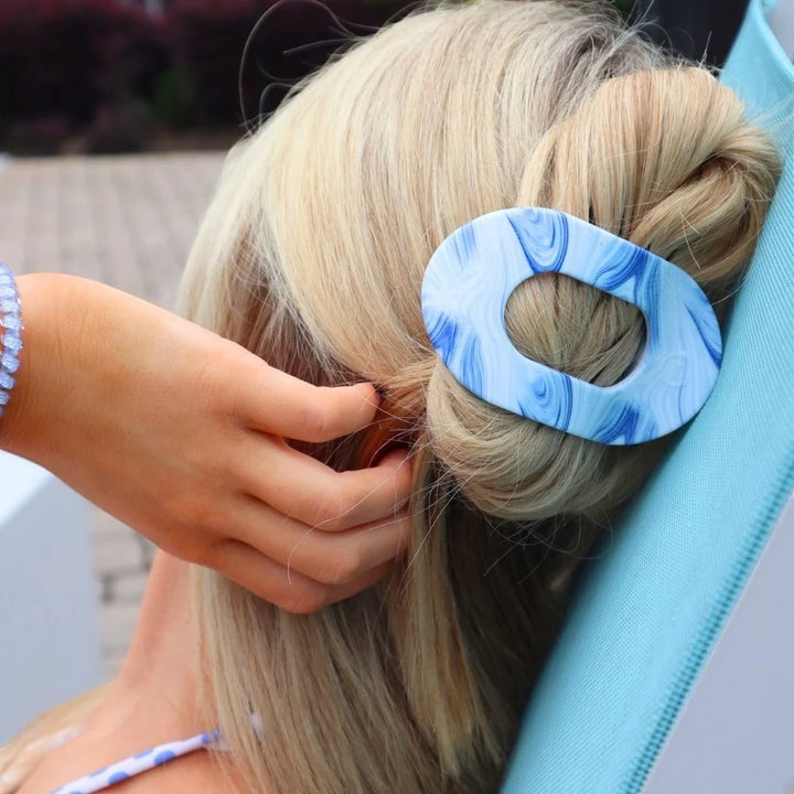 Flat Round Hair Clip | Summer Tie Dye Edition, blue and white marbled pattern. Available in small, medium, and large sizes.