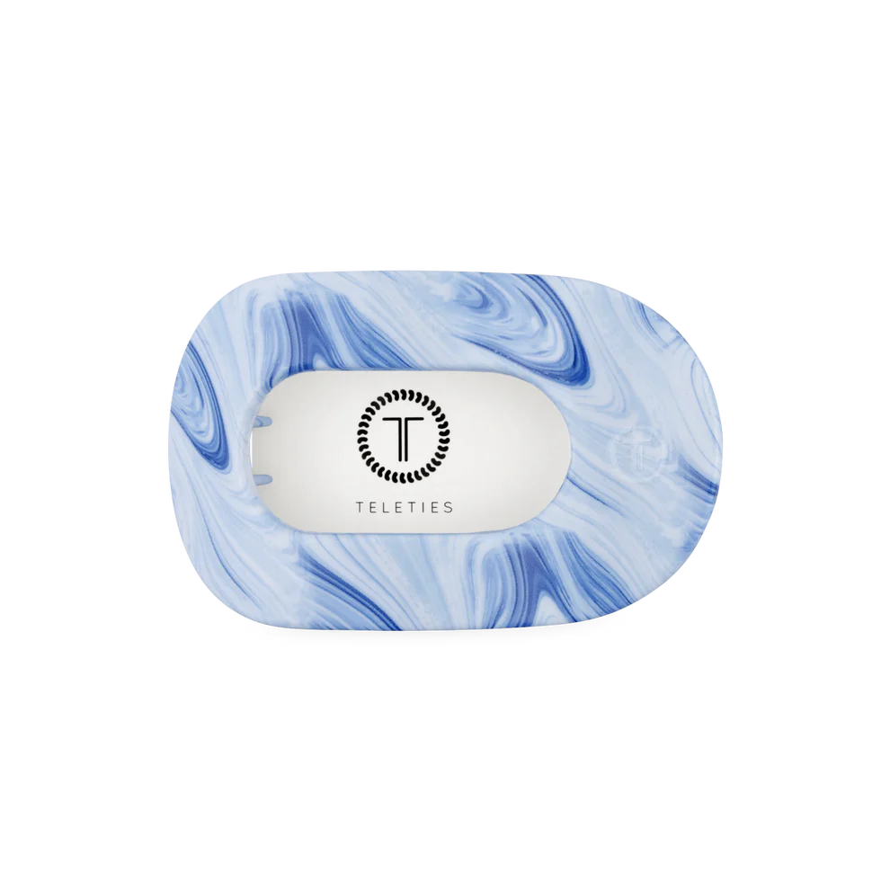 Flat Round Hair Clip | Summer Tie Dye Edition with blue-white marbled design, "TELETIES" logo, durable; available in all sizes.