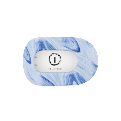 Flat Round Hair Clip | Summer Tie Dye Edition with blue-white marbled design, "TELETIES" logo, durable; available in all sizes.