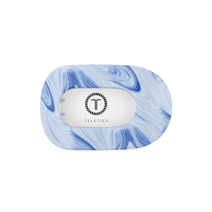 Flat Round Hair Clip | Summer Tie Dye Edition with blue-white marbled design, "TELETIES" logo, durable; available in all sizes.