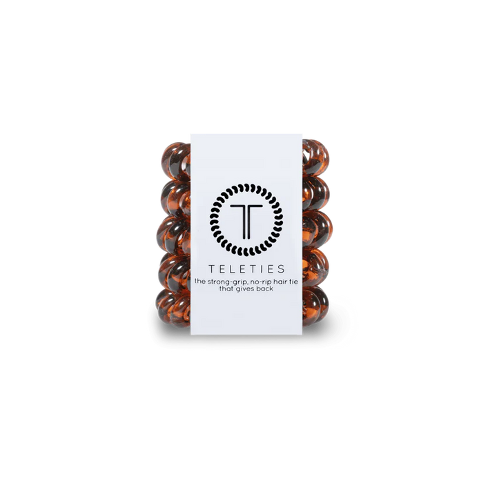 Pack of brown spiral TELETIES hair ties. Available in Small and Large sizes.
