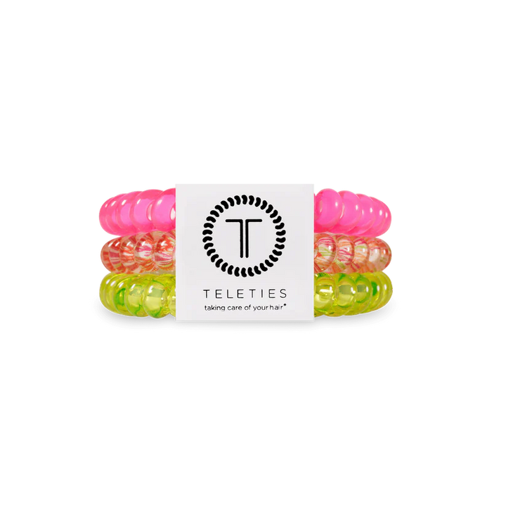 Set of three neon pink, orange, and yellow coiled TELETIES Hair Ties. Available in small and large sizes.