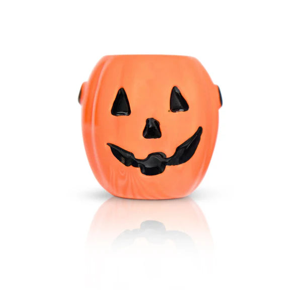 Orange ceramic pumpkin with carved black jack-o’-lantern face. Available in Minis size.