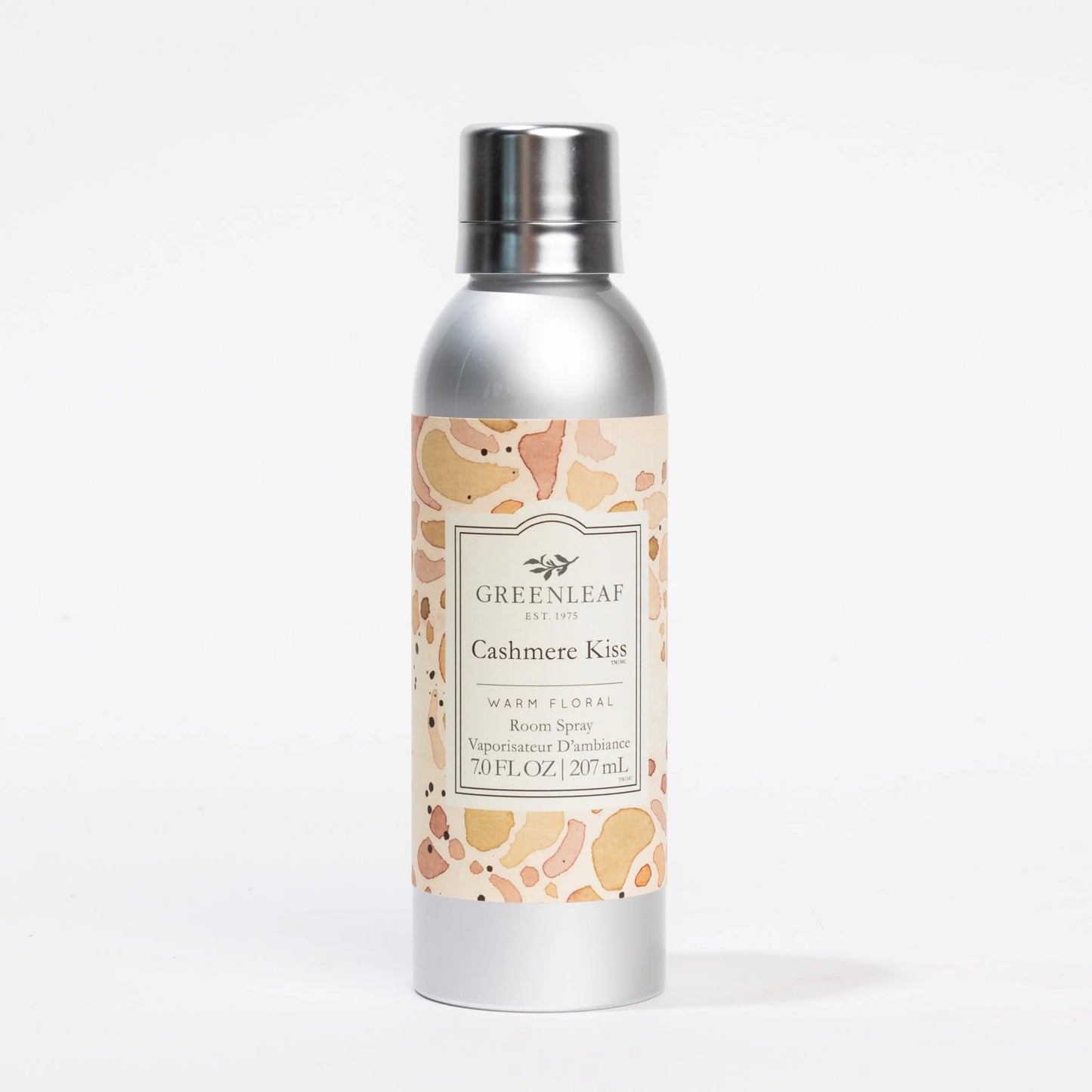 Cashmere Kiss Room Spray: silver canister, pink/peach/beige label, warm floral scent. Available in 7.0 FL OZ (207 mL).