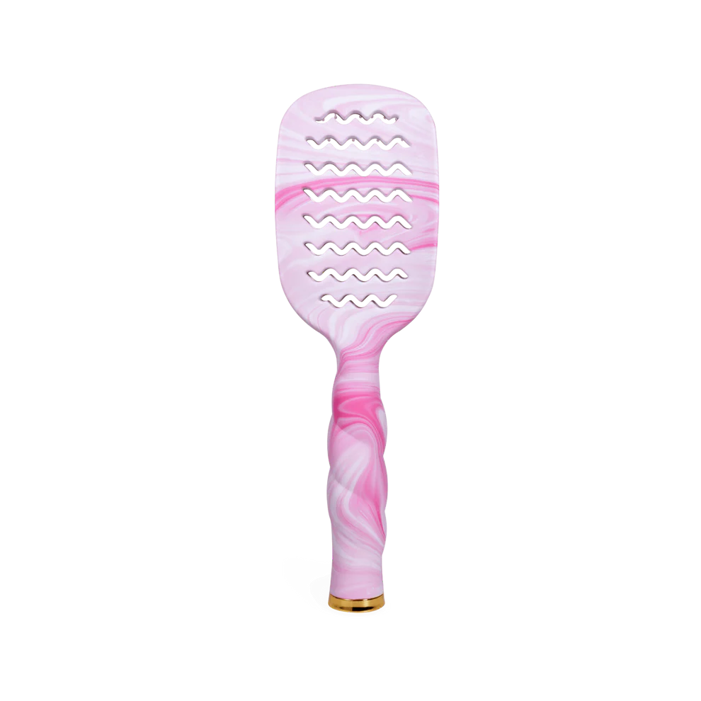 Pink and white tie dye vented hair brush with gold handle accent, wavy slits for quick drying; sizes available.