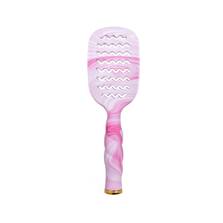 Pink and white tie dye vented hair brush with gold handle accent, wavy slits for quick drying; sizes available.