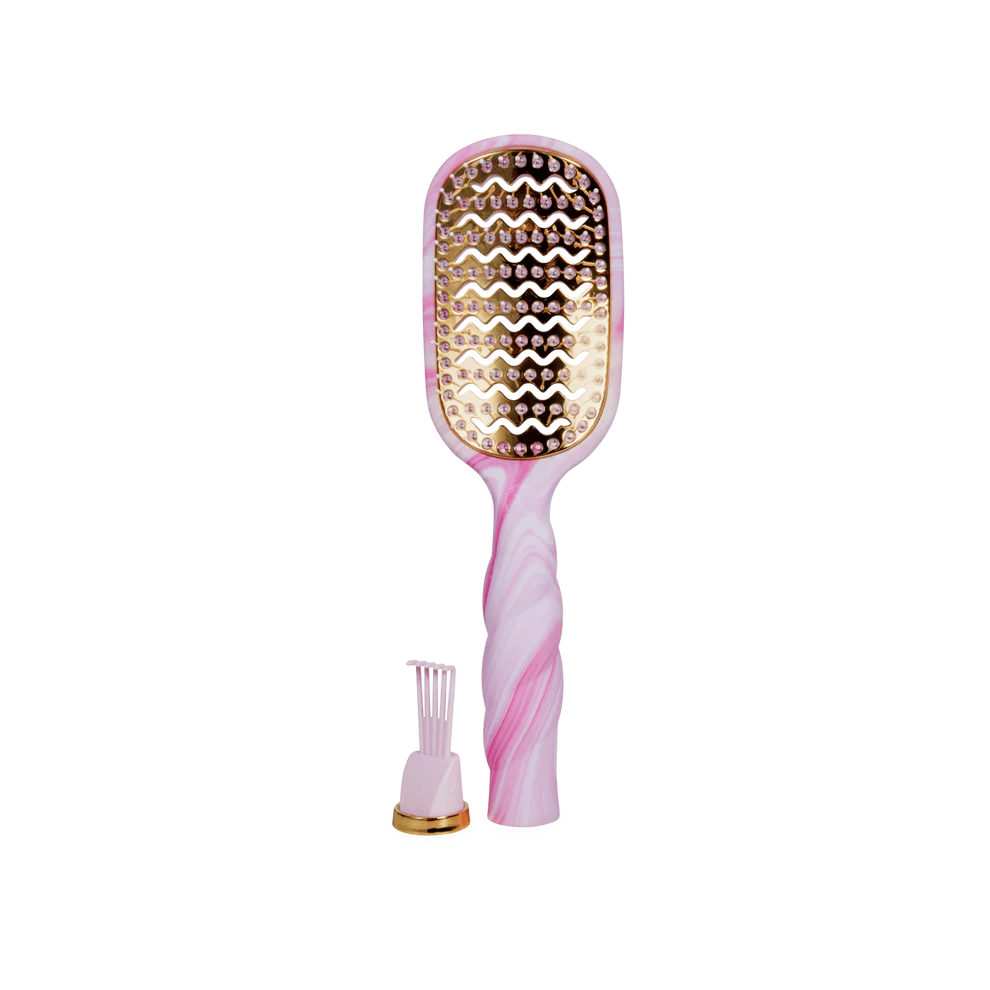 Pink and white marble Pinch Me! Tie Dye Pink Vented Hair Brush with gold bristle pad. Sizes available: standard, travel.