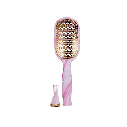 Pink and white marble Pinch Me! Tie Dye Pink Vented Hair Brush with gold bristle pad. Sizes available: standard, travel.