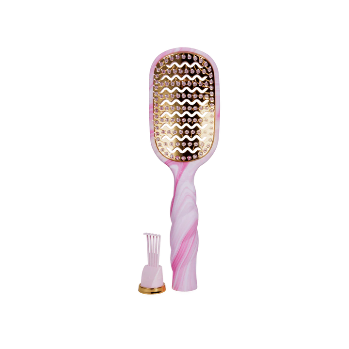Pink and white marble Pinch Me! Tie Dye Pink Vented Hair Brush with gold bristle pad. Sizes available: standard, travel.