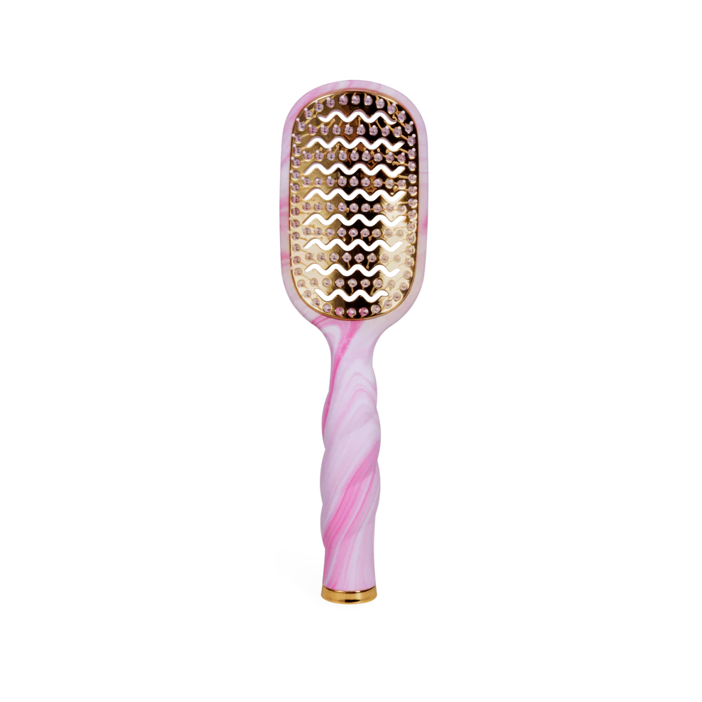 Pinch Me! Tie Dye Pink Vented Hair Brush with twisted handle and gold bristles. Available in small, medium, and large sizes.