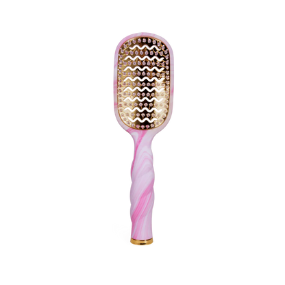 Pinch Me! Tie Dye Pink Vented Hair Brush with twisted handle and gold bristles. Available in small, medium, and large sizes.