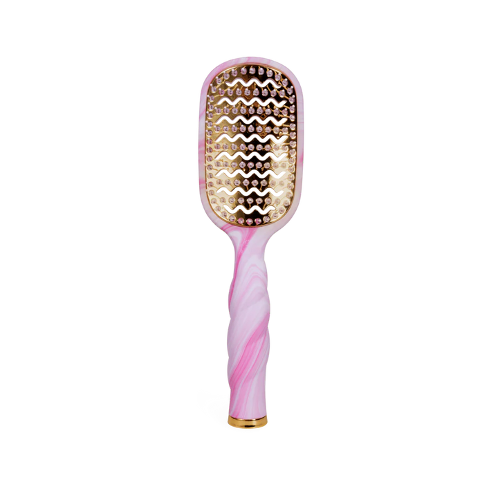 Pinch Me! Tie Dye Pink Vented Hair Brush with twisted handle and gold bristles. Available in small, medium, and large sizes.