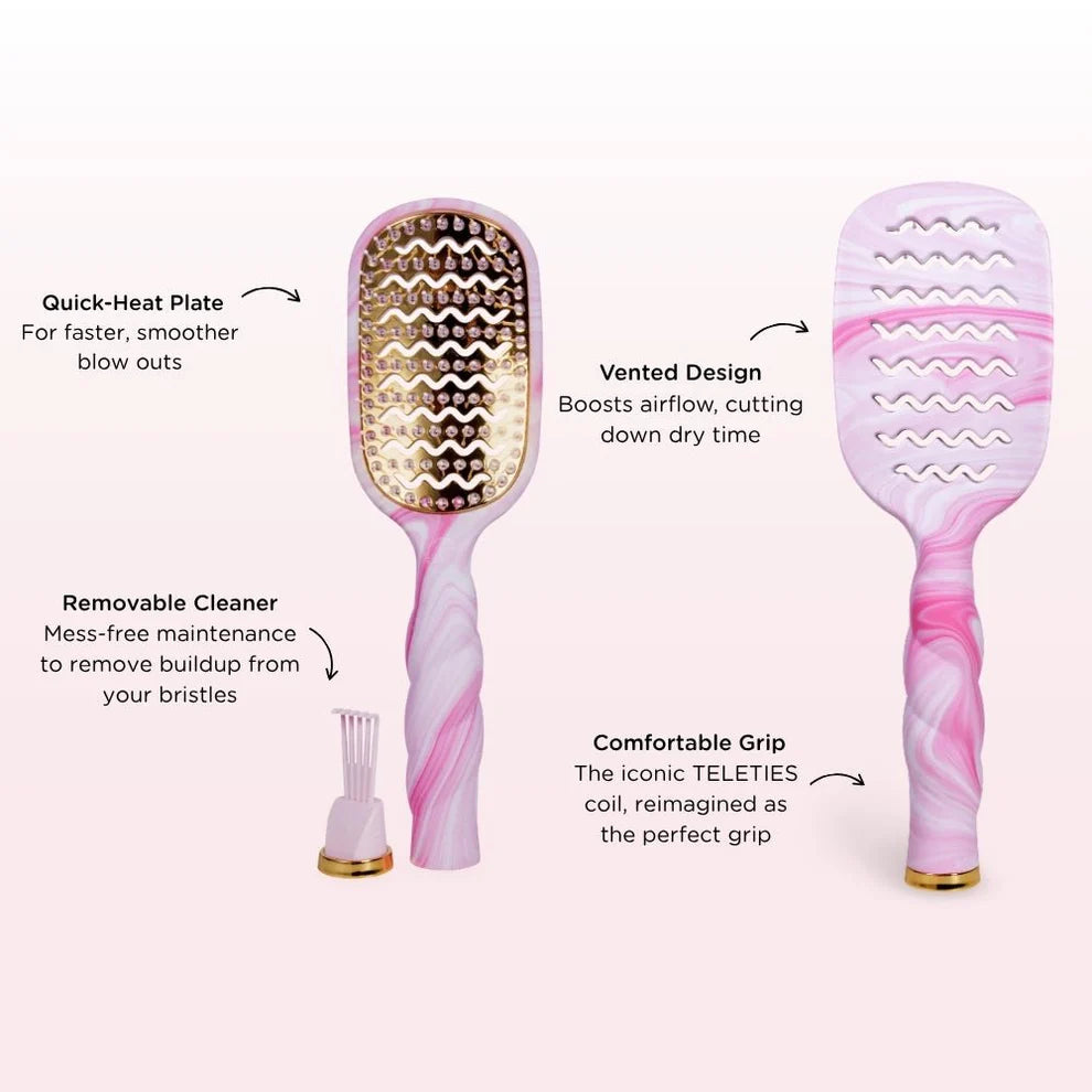 Pinch Me! Tie Dye Pink Vented Hair Brush with gold bristles, vented airflow design, quick-heat plate, removable cleaner; sizes available.