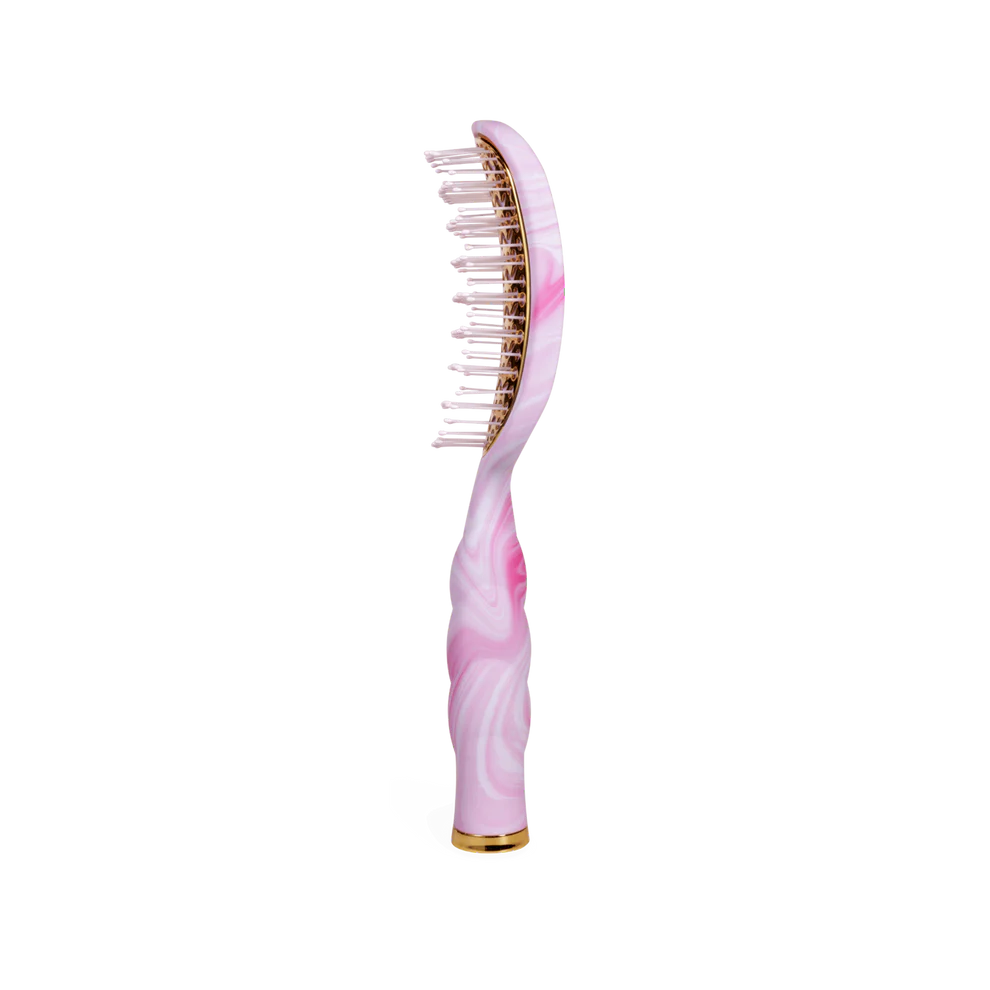Pink and white tie-dye vented hair brush with curved handle, flexible wide bristles. Available in standard size.