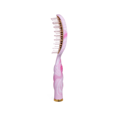 Pink and white tie-dye vented hair brush with curved handle, flexible wide bristles. Available in standard size.