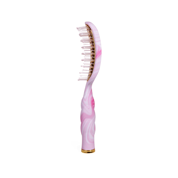 Pink and white tie-dye vented hair brush with curved handle, flexible wide bristles. Available in standard size.