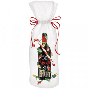 Holiday wine bottle bag with drawstring, white fabric, candy cane and Christmas lights wine bottle illustration, and “BE Merry &amp; BRIGHT” caption.