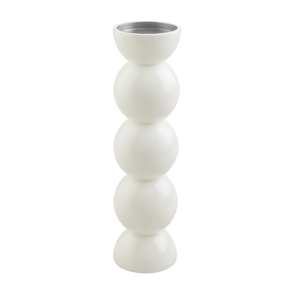 Modern white vase with glossy, stacked spherical design; available in small, medium, and large sizes.