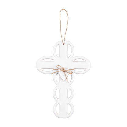 Scalloped Ceramic Cross with openwork design, twine bow, and hanging loop; available in multiple sizes.